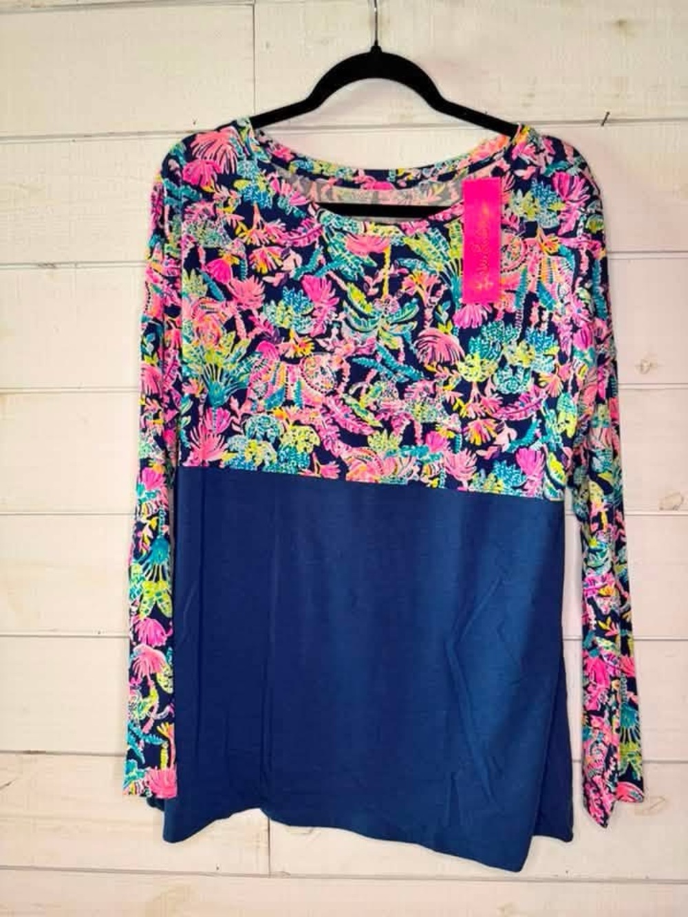 Lilly Pulitzer Navy Colorblock Long-Sleeve Top with Neon Floral Yoke